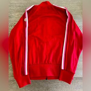 Moncler Red Cardigan with White and Pink Striped Trim